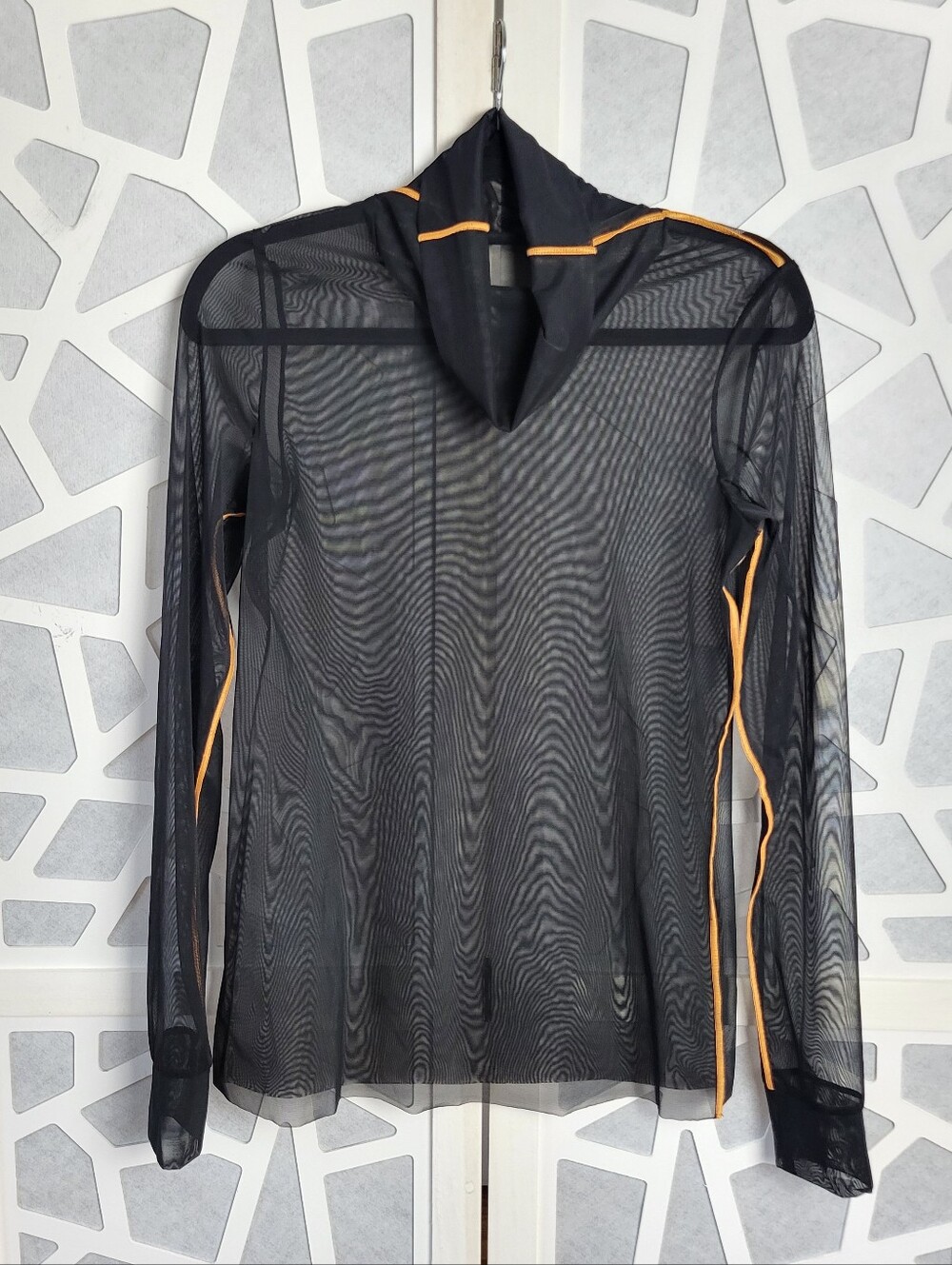 Sheer Black Mesh Hoodie Top with Orange Trim